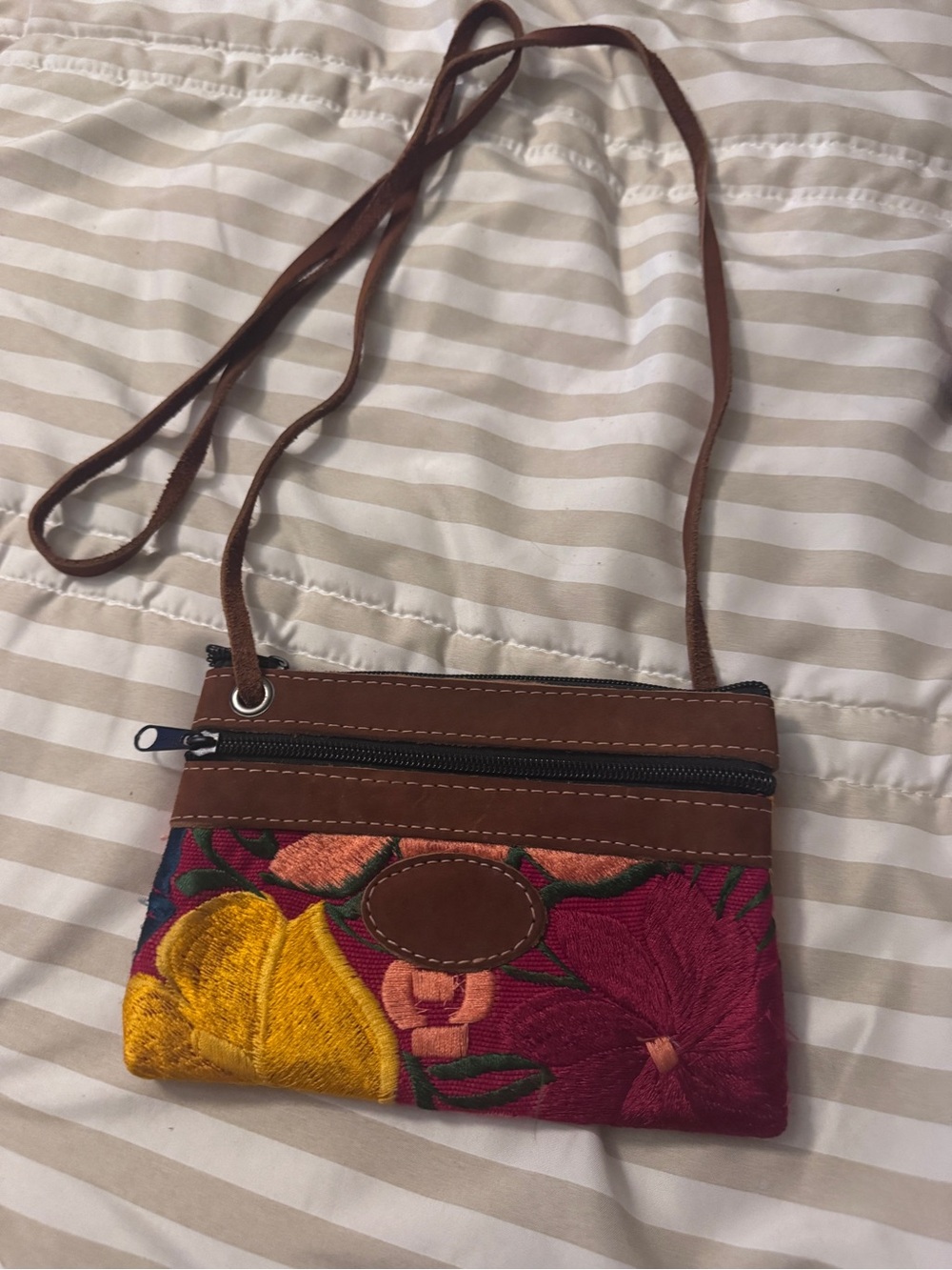 Brown Floral Embroidered Crossbody with Yellow & Pink Accents